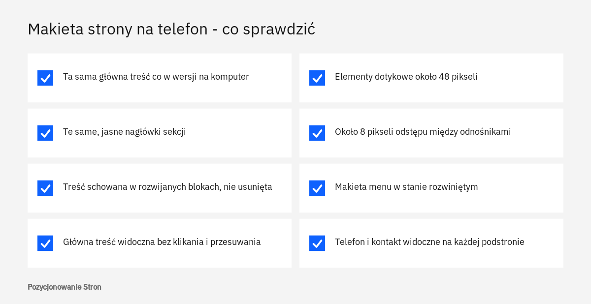 Lista kontrolna do oceny makiety strony internetowej w wersji na telefon: treść, nagłówki, menu, przyciski i odstępy