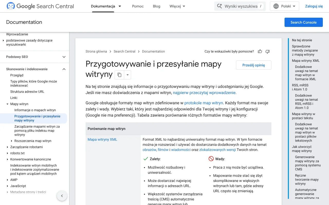 Strona dokumentacji Google o przygotowywaniu i przesyłaniu mapy witryny XML w Centrum wyszukiwarki Google