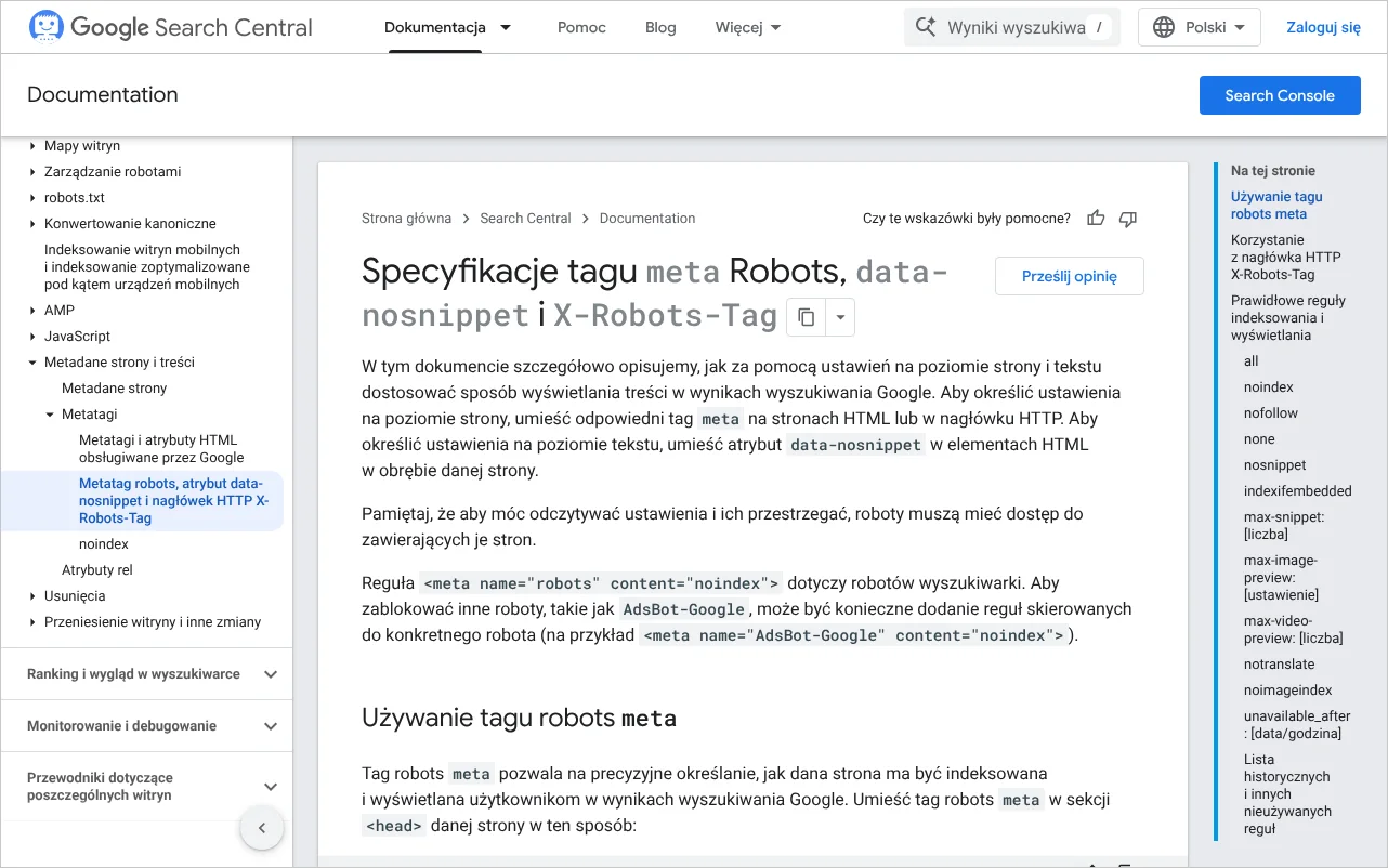 Strona dokumentacji Google Search Central ze specyfikacją tagu meta robots, atrybutu data-nosnippet i nagłówka X-Robots-Tag