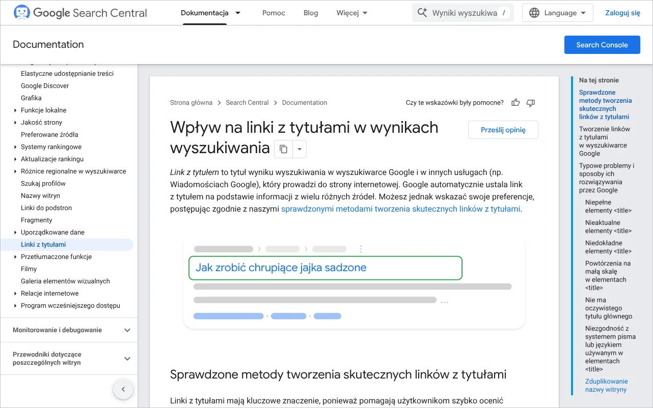 Strona dokumentacji Centrum wyszukiwarki Google o wpływie na linki z tytułami w wynikach wyszukiwania