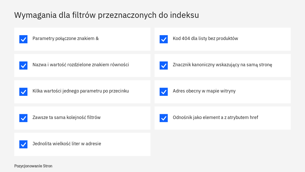 Lista kontrolna wymagań technicznych dla adresów filtrów w nawigacji fasetowej, które mają być indeksowane przez Google