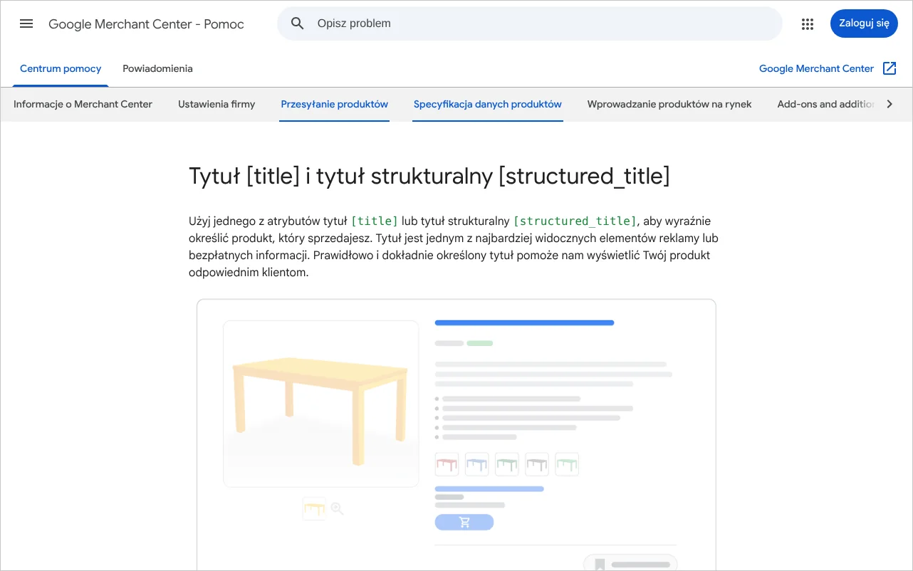 Strona pomocy Google Merchant Center opisująca wymagania dla tytułu produktu w pliku produktowym