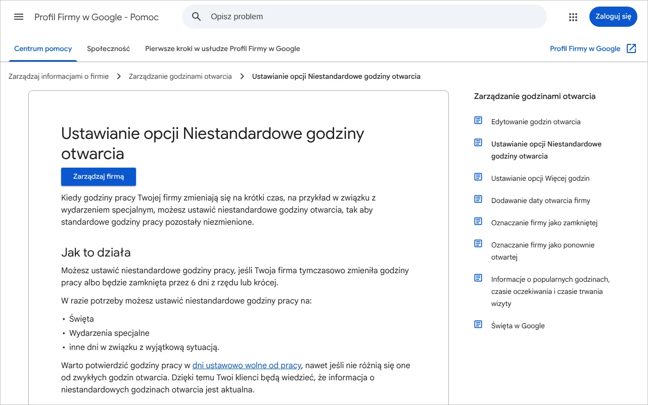Strona pomocy Google opisująca ustawianie niestandardowych godzin otwarcia w Profilu Firmy na święta i dni wolne