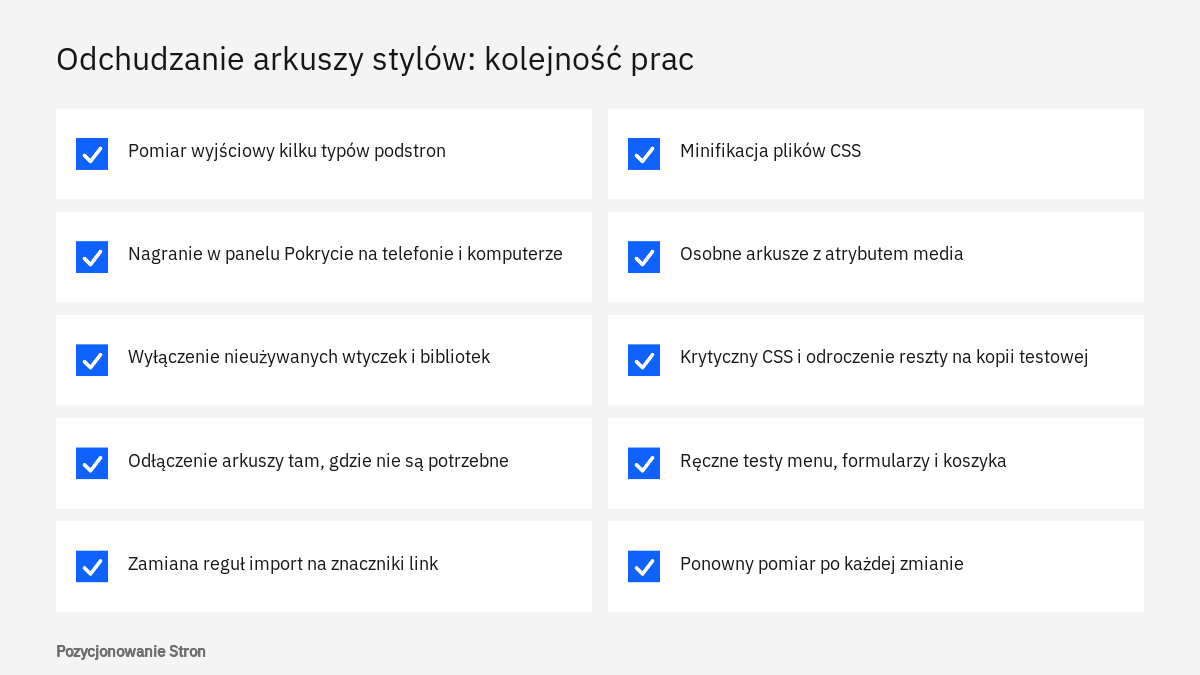 Lista kontrolna prac nad nieużywanymi stylami CSS i krytycznym CSS, od pomiaru po ręczne testy wyglądu strony