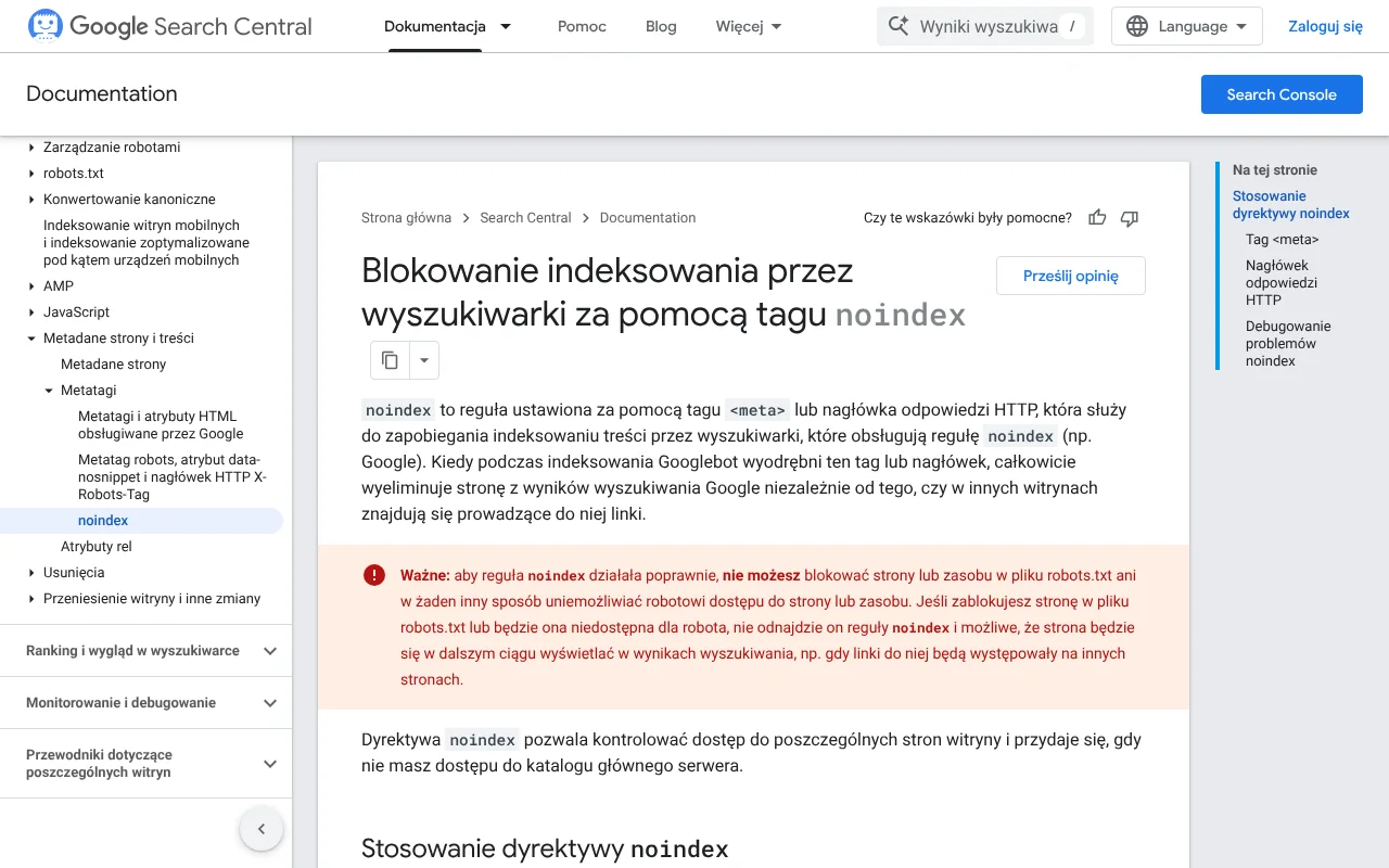 Strona dokumentacji Google Search Central o blokowaniu indeksowania przez wyszukiwarki za pomocą tagu noindex