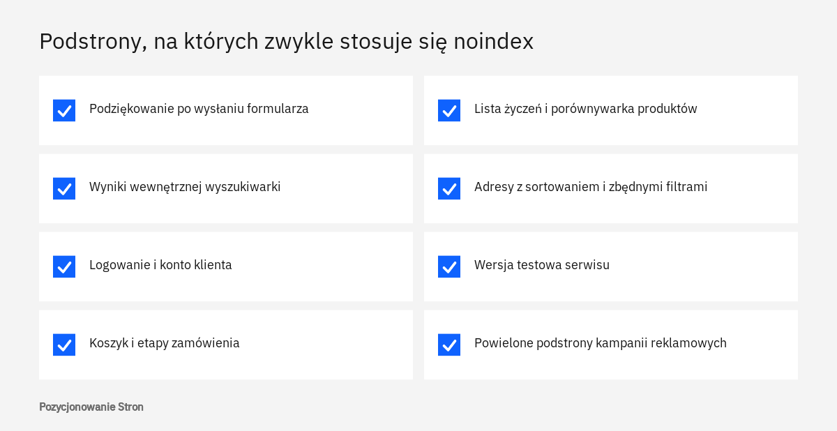Lista podstron strony firmowej i sklepu internetowego, na których w praktyce stosuje się znacznik meta robots z dyrektywą noindex