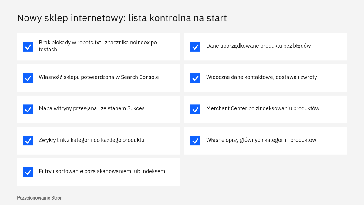 Lista kontrolna dla nowego sklepu internetowego w Google: indeksowanie, mapa witryny, dane produktów i treści