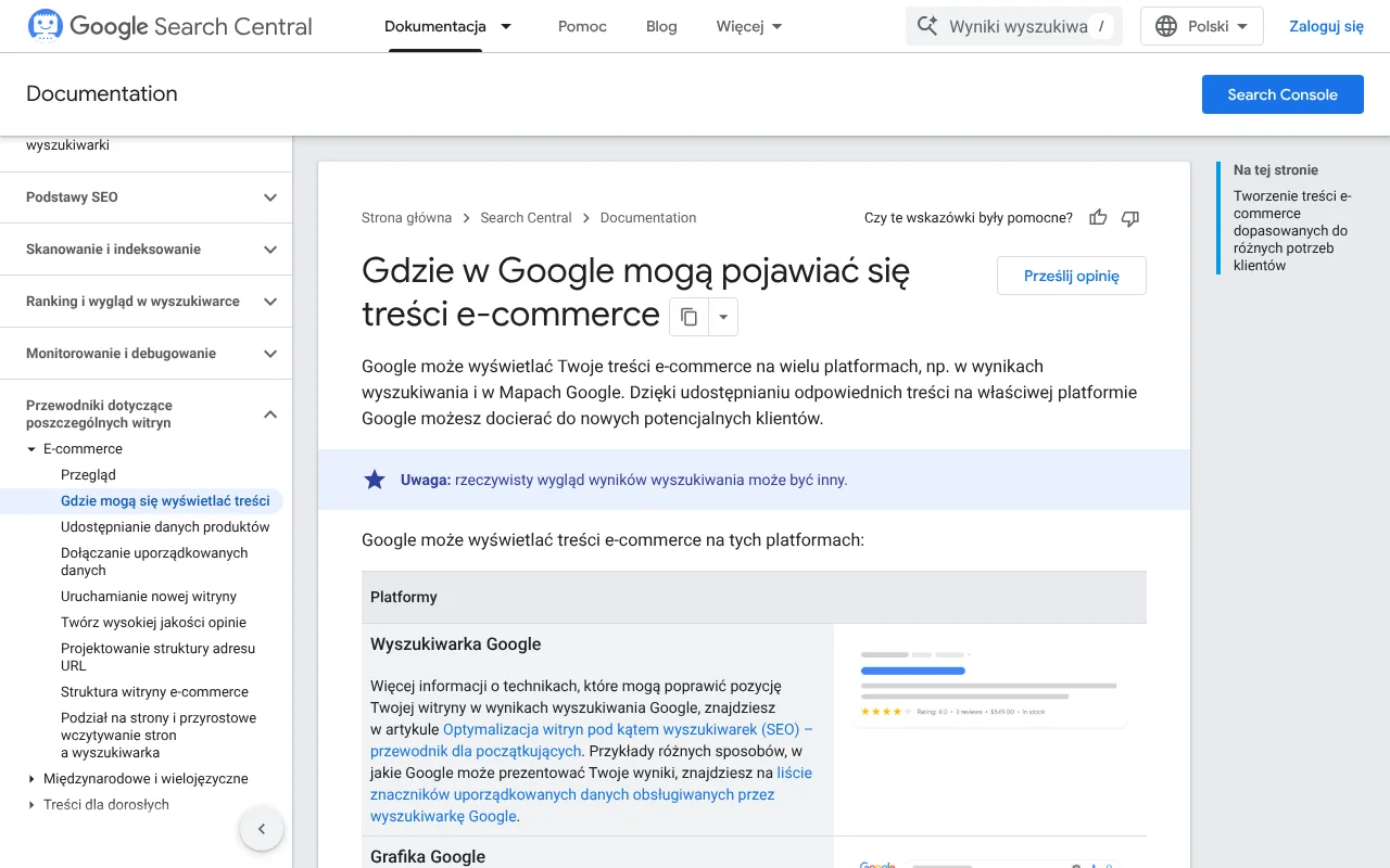 Strona dokumentacji Google o tym, gdzie mogą się wyświetlać dane produktów i treści sklepu internetowego