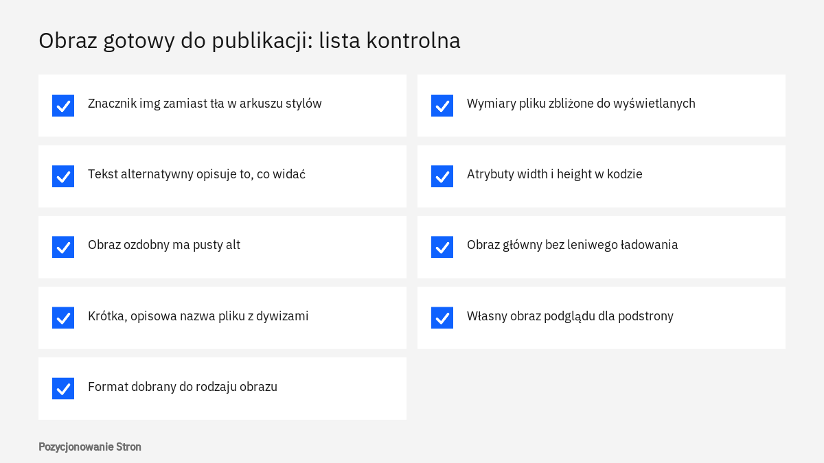 Lista kontrolna optymalizacji obrazów na stronie pod SEO: znacznik img, alt, nazwa pliku, format, wymiary, ładowanie