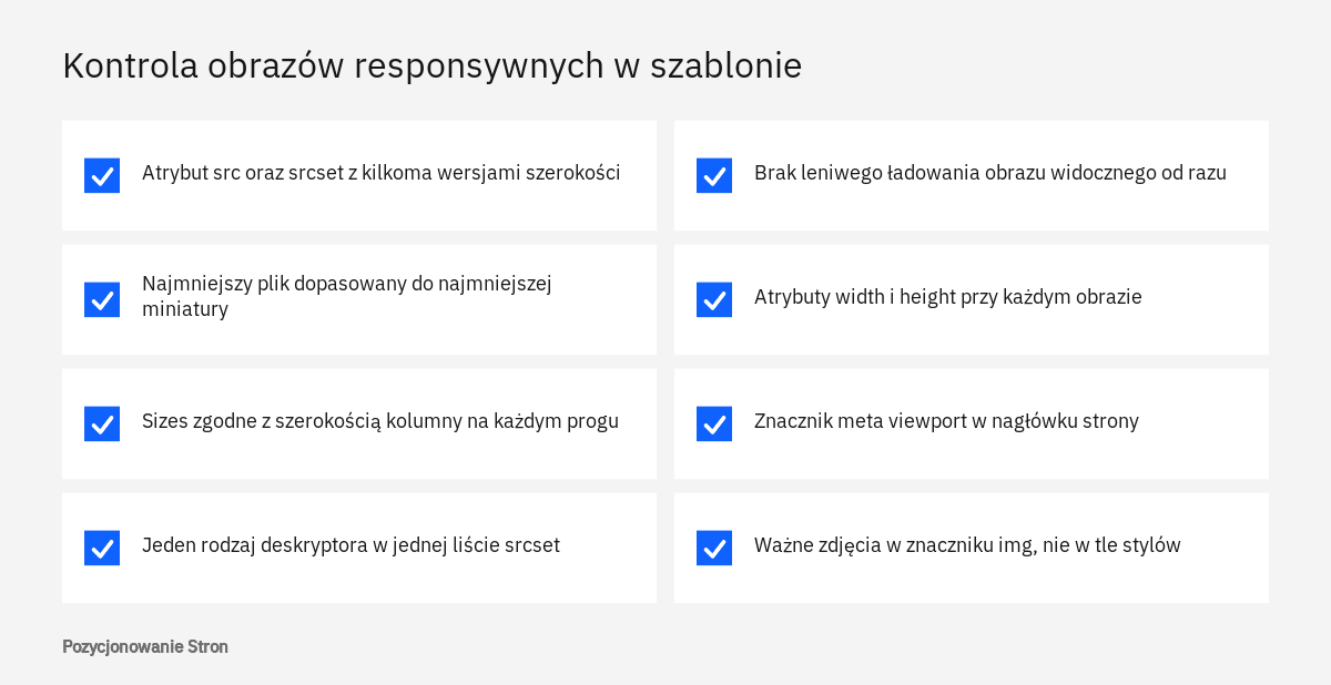 Lista kontrolna ośmiu punktów do weryfikacji obrazów responsywnych, atrybutów srcset i sizes w szablonie strony