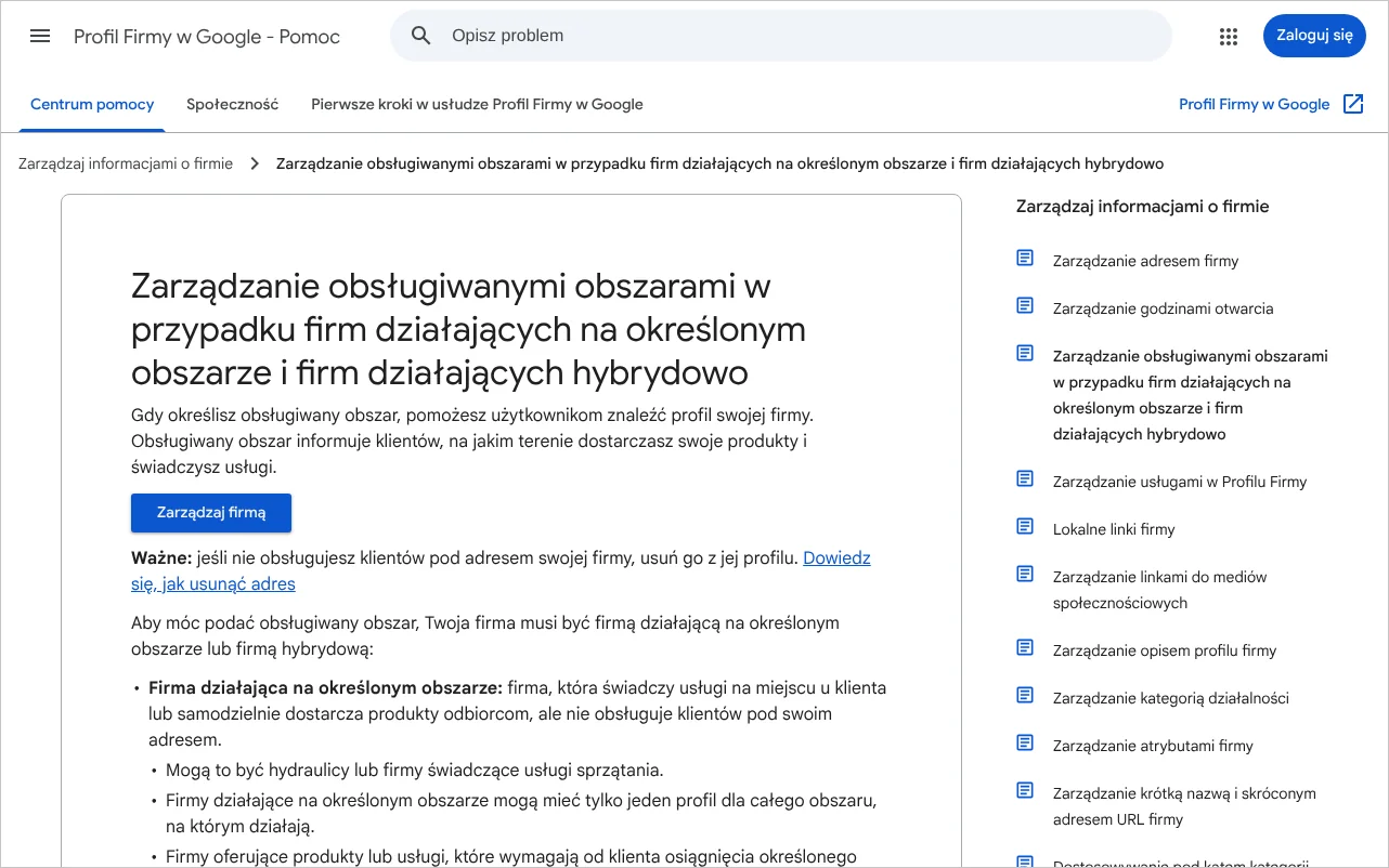 Strona pomocy Profilu Firmy w Google o zarządzaniu obsługiwanymi obszarami firm działających na określonym obszarze
