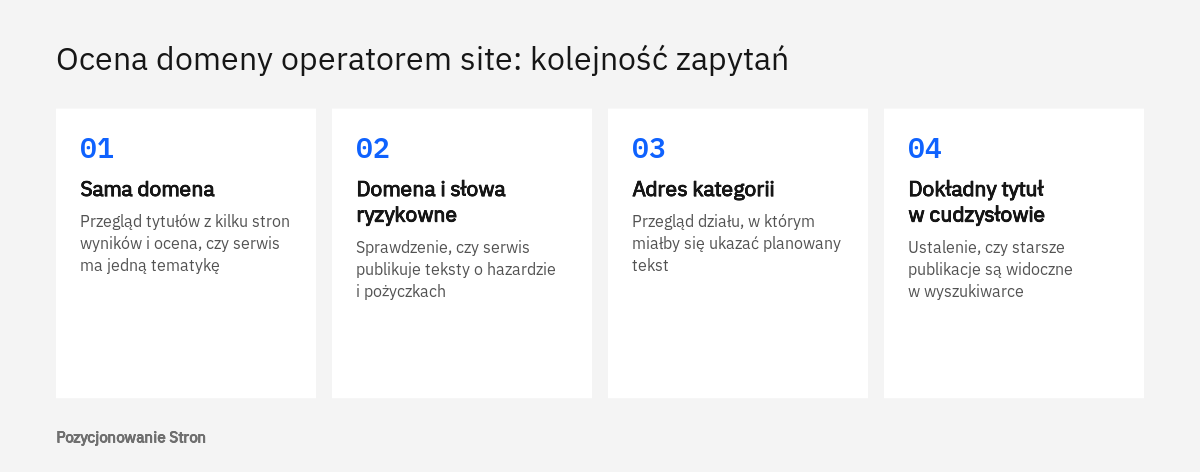Kolejność zapytań z operatorem site przy ocenie domeny: sama domena, słowa ryzykowne, kategoria i dokładny tytuł tekstu