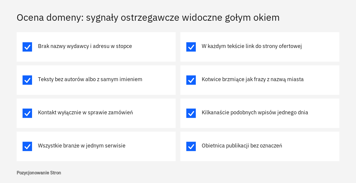Lista sygnałów ostrzegawczych przy ocenie domeny przed publikacją: brak wydawcy, autorów, tematyki i własnych treści