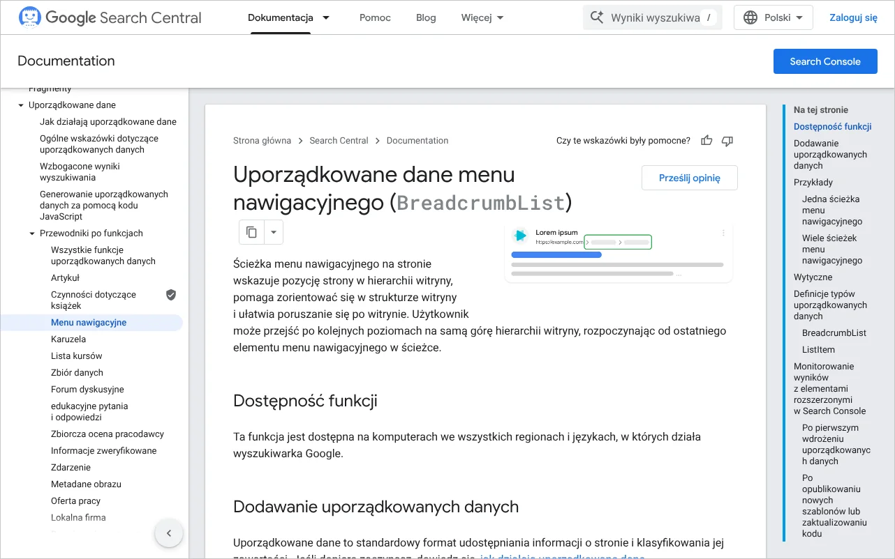 Strona dokumentacji Google Search Central opisująca znaczniki menu nawigacyjnego BreadcrumbList i ich wymagane właściwości