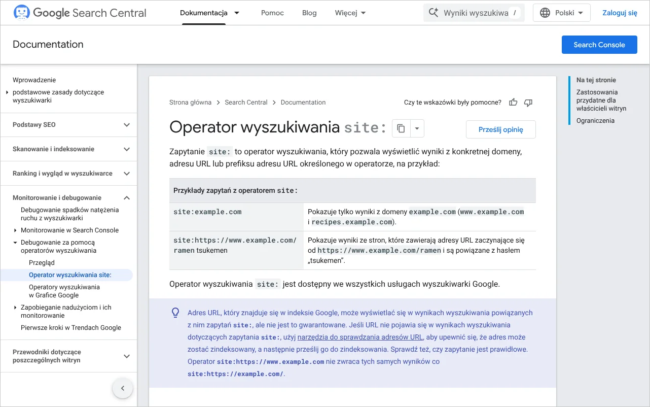 Strona dokumentacji Google opisująca operator wyszukiwania site, używany przy ocenie domeny przed publikacją