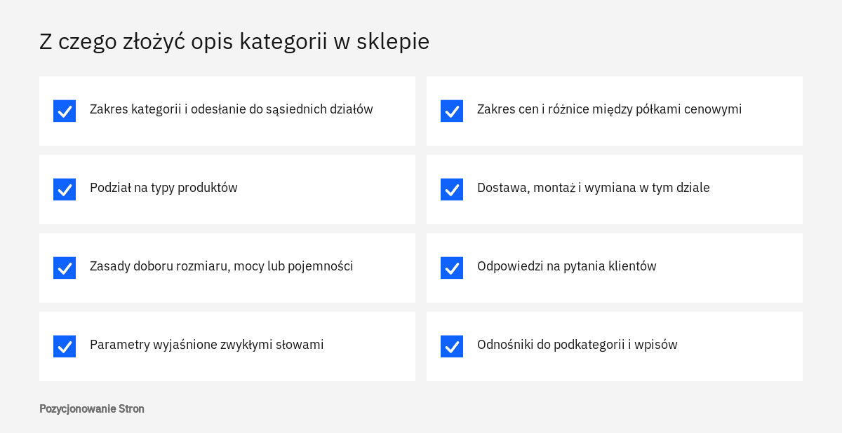 Lista kontrolna informacji, które powinien zawierać opis kategorii w sklepie internetowym, aby pomagał w wyborze