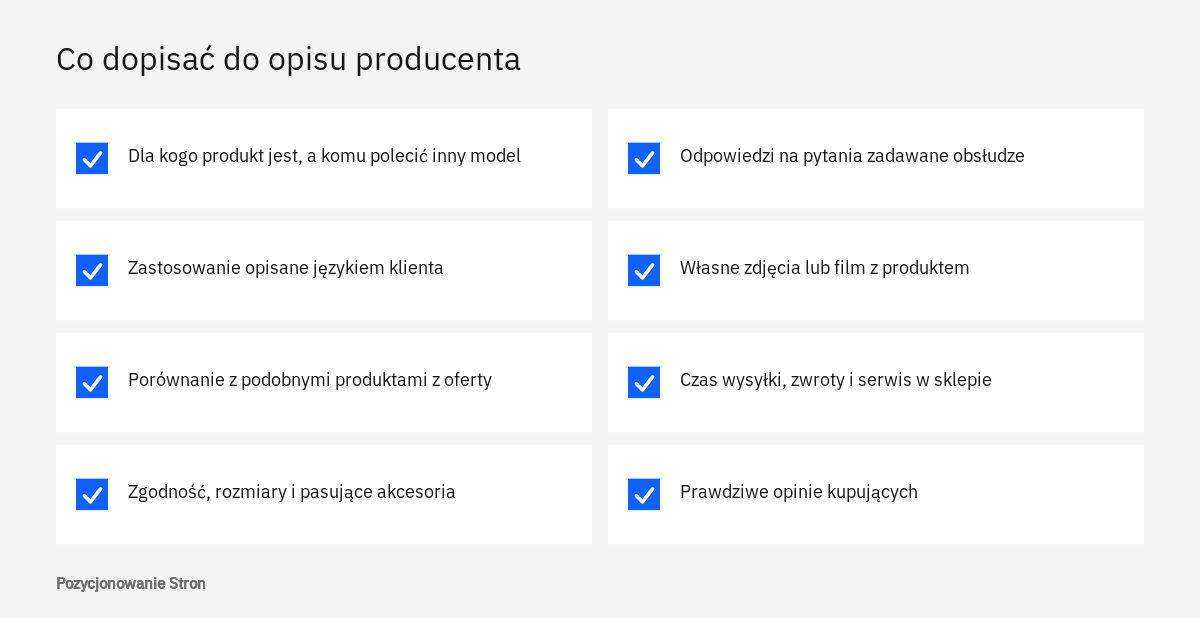 Lista kontrolna elementów, które sklep powinien dopisać od siebie, aby opisy od producenta nie były duplikacją