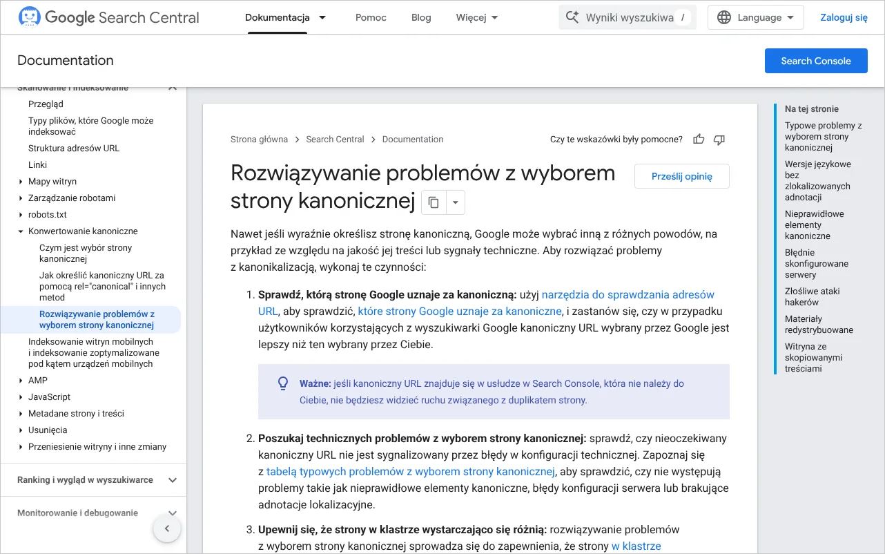 Strona dokumentacji Google o rozwiązywaniu problemów z wyborem strony kanonicznej przy zduplikowanych treściach
