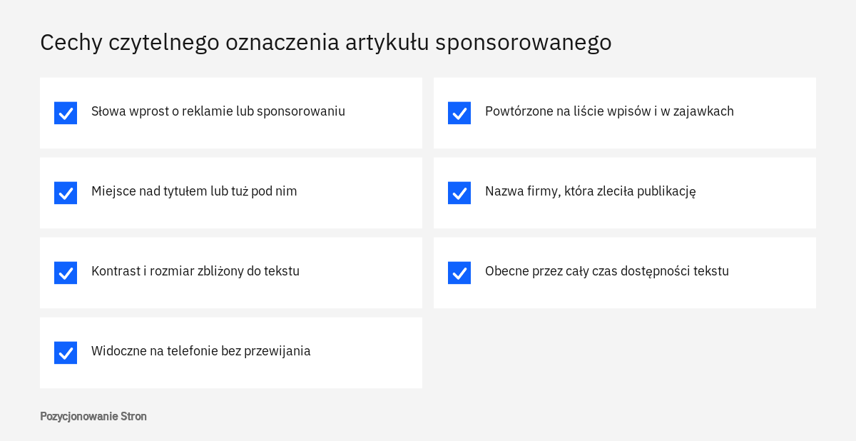 Lista cech czytelnego oznaczenia artykułu sponsorowanego: jednoznaczne słowa, miejsce przy tytule, kontrast i nazwa zleceniodawcy