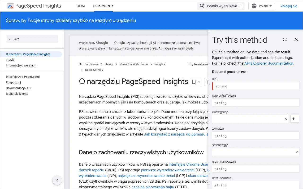 Strona dokumentacji Google o narzędziu PageSpeed Insights, opisująca dane z rzeczywistego użytkowania i dane laboratoryjne