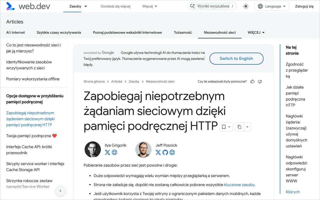 Strona web.dev w wersji polskiej z opracowaniem o pamięci podręcznej HTTP i nagłówku Cache-Control