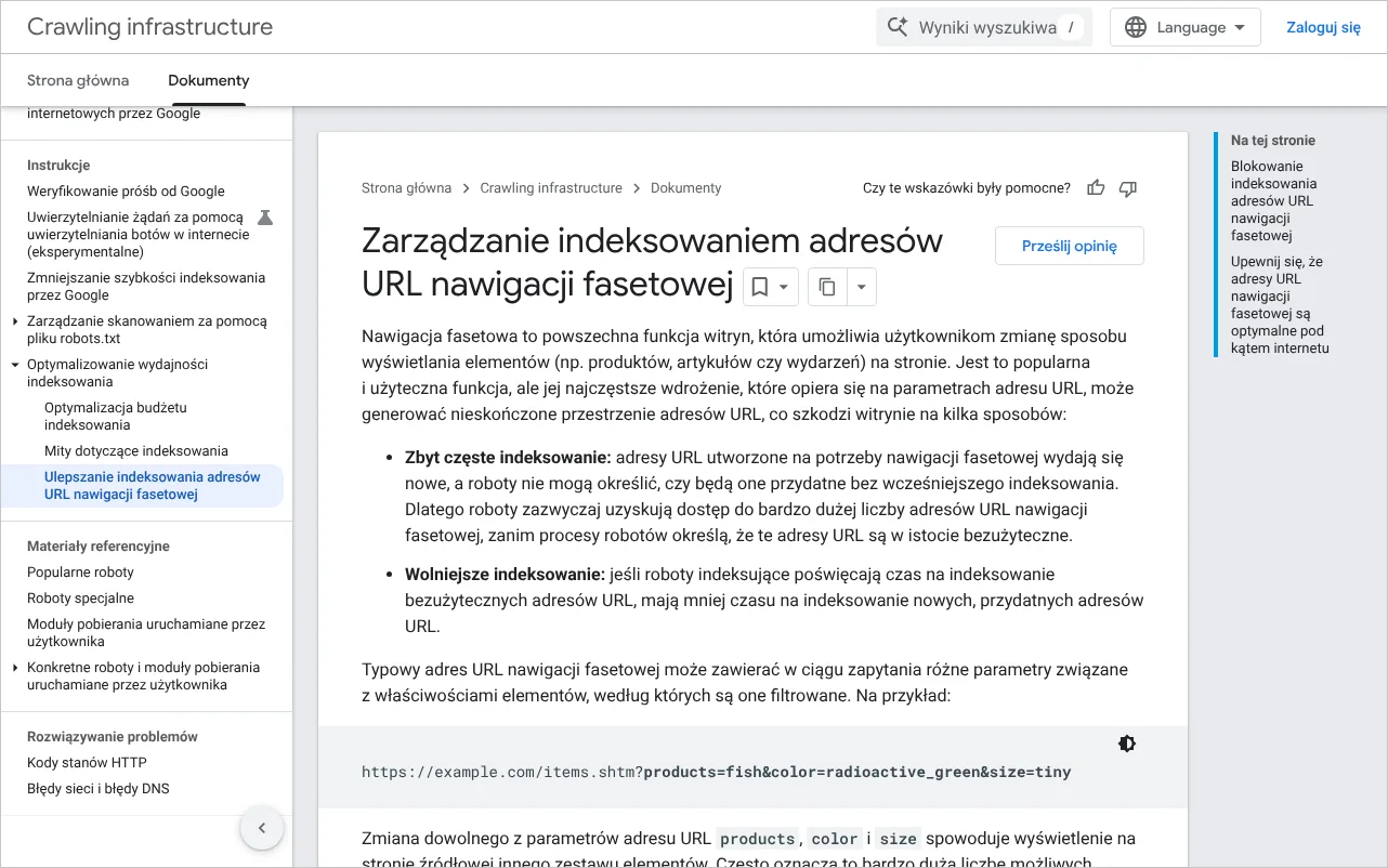 Strona dokumentacji Google o zarządzaniu indeksowaniem adresów URL nawigacji fasetowej w polskiej wersji językowej