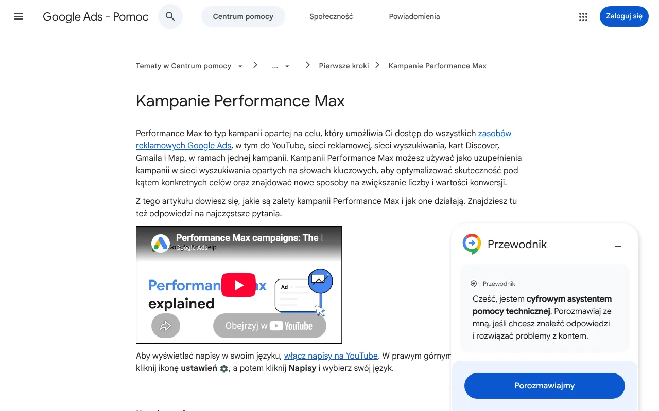 Strona pomocy Google Ads opisująca kampanie Performance Max, ich kanały, sposób działania i dostępne raporty