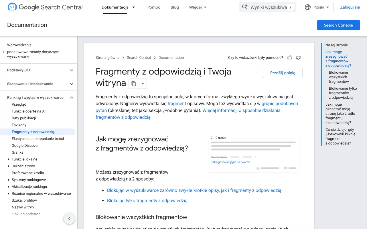 Strona dokumentacji Centrum wyszukiwarki Google opisująca fragmenty z odpowiedzią w wynikach wyszukiwania