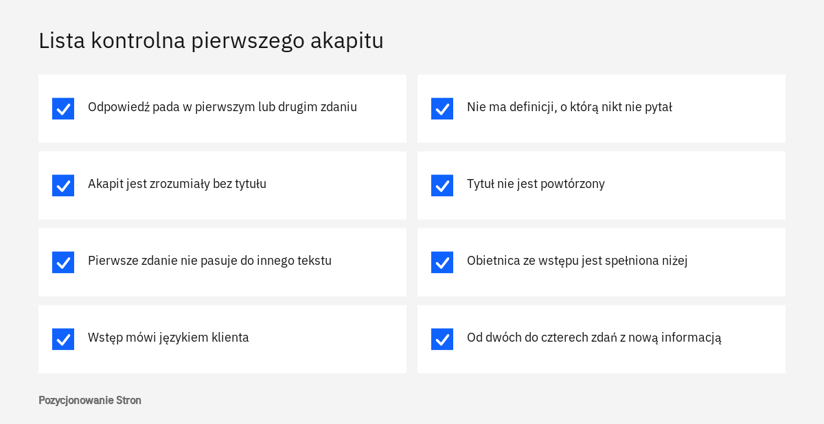 Lista kontrolna, według której można ocenić pierwszy akapit tekstu przed publikacją wpisu lub strony usługi