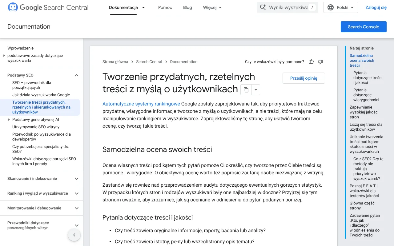 Strona dokumentacji Centrum wyszukiwarki Google z wytycznymi o tworzeniu treści przydatnych, rzetelnych i ukierunkowanych na użytkowników