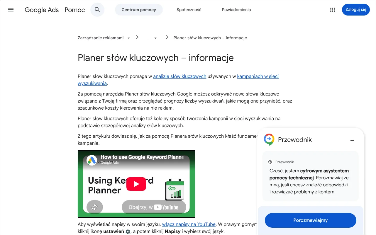Strona pomocy Google Ads z opisem Planera słów kluczowych i dwóch sposobów wyszukiwania słów kluczowych
