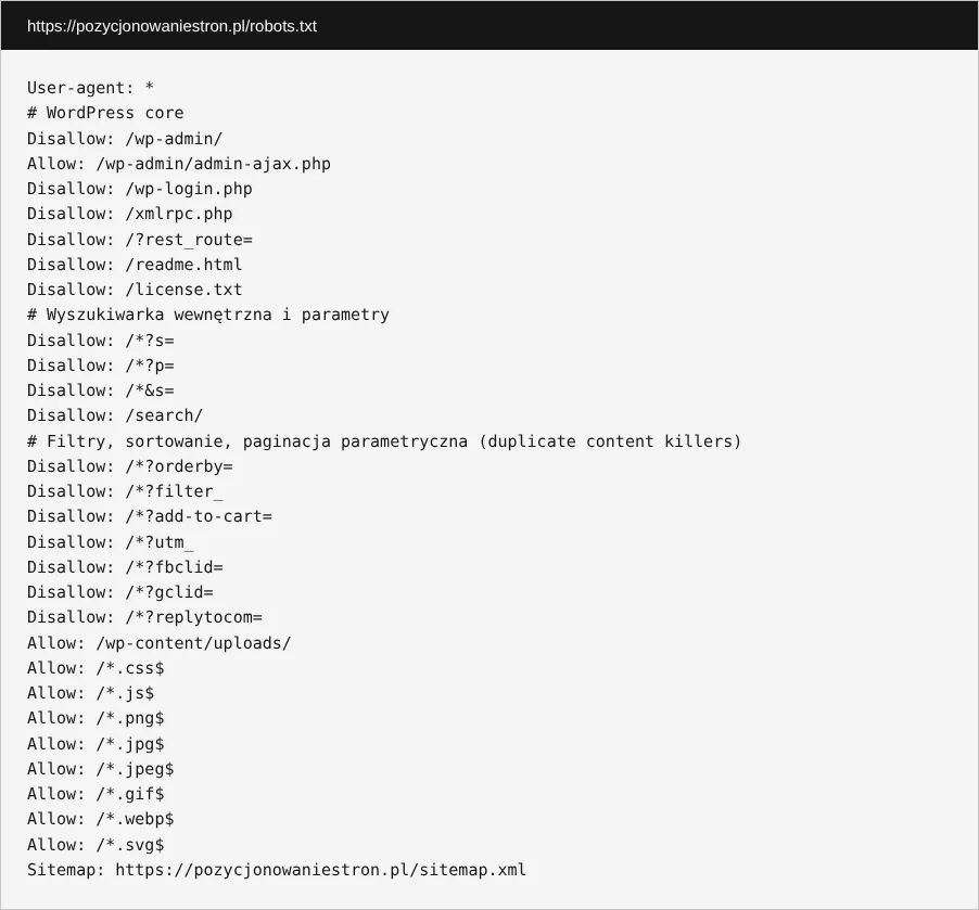 Publiczny plik robots.txt serwisu agencji z grupą dla wszystkich robotów, zakazami i adresem mapy witryny