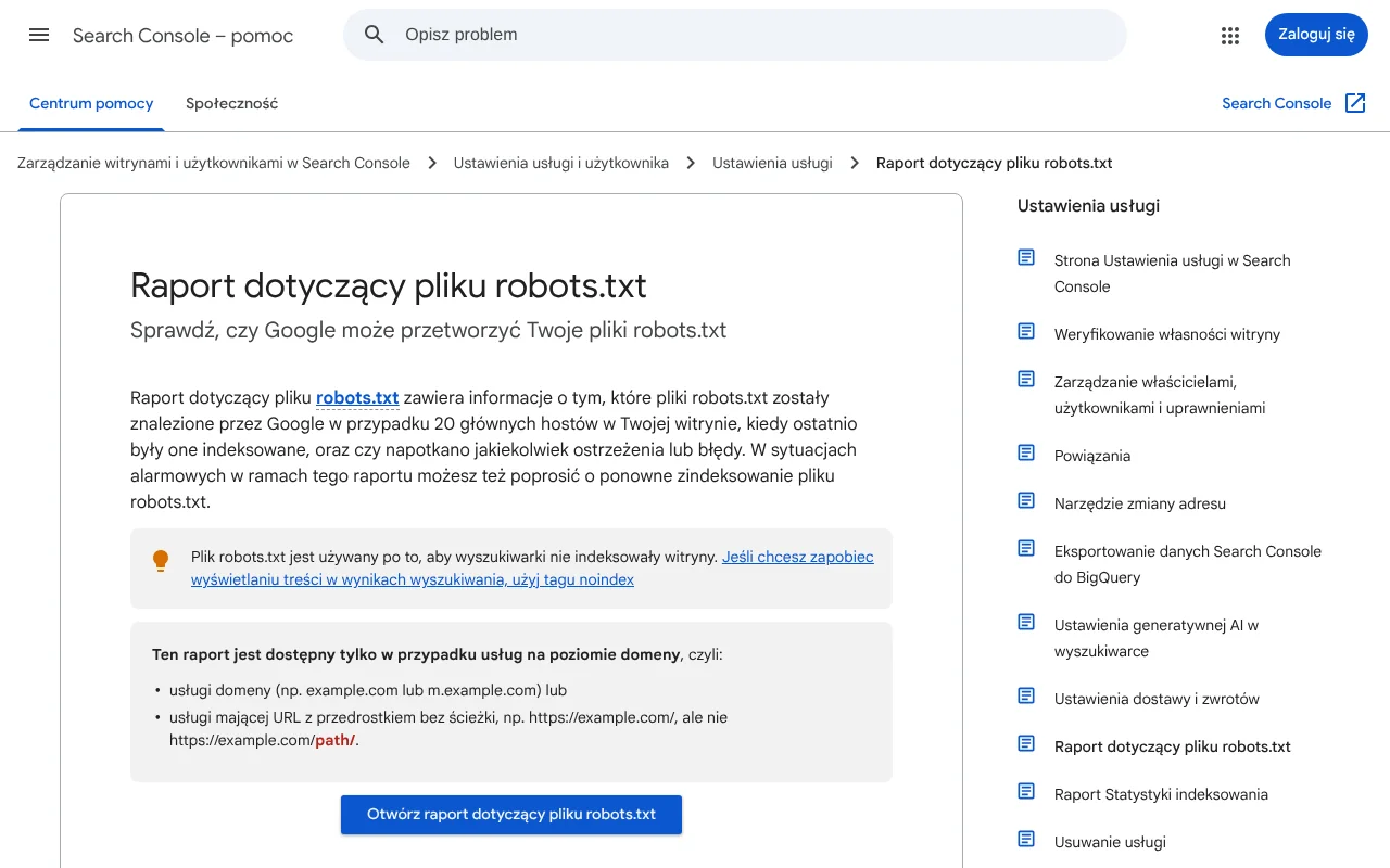 Strona pomocy Search Console opisująca raport dotyczący pliku robots.txt, stany pobierania i wersje pliku