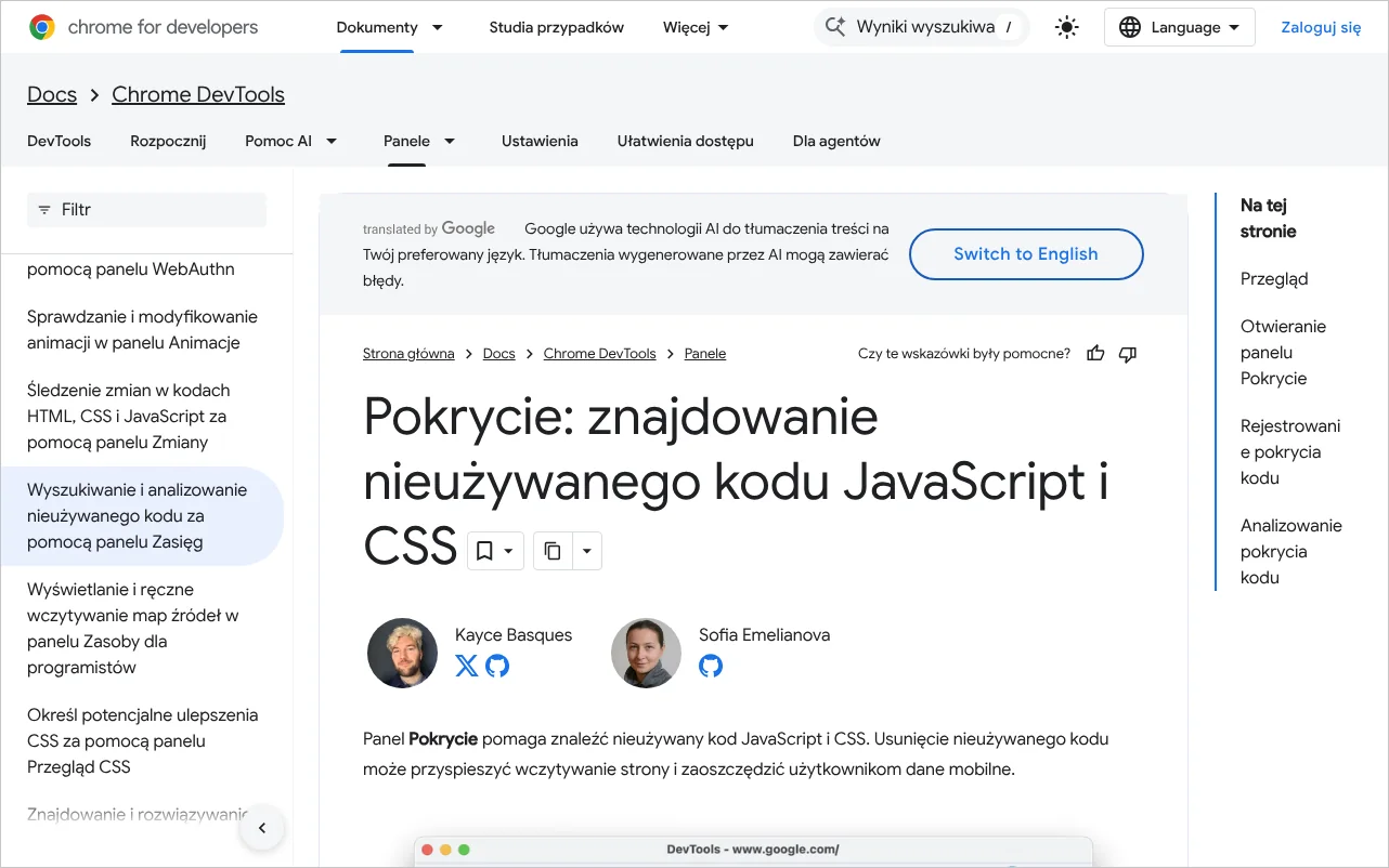 Strona polskiej dokumentacji Chrome opisująca panel Pokrycie do znajdowania nieużywanego kodu CSS i JavaScript