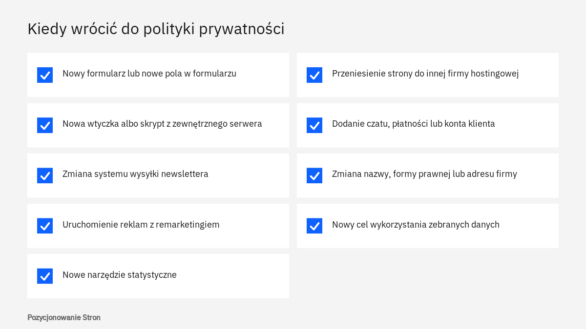 Lista sytuacji, w których polityka prywatności strony firmowej wymaga aktualizacji, od nowej wtyczki po zmianę hostingu