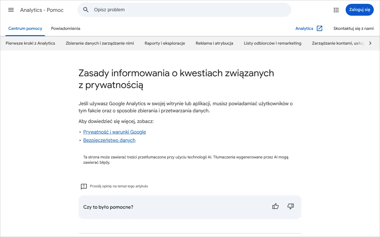 Strona pomocy Google Analytics z zasadami informowania użytkowników o kwestiach związanych z prywatnością