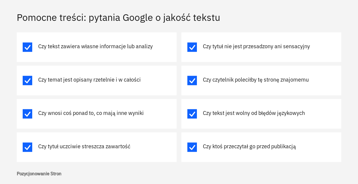 Lista pytań kontrolnych Google o pomocne treści: oryginalność, kompletność, trafny tytuł i staranność wykonania
