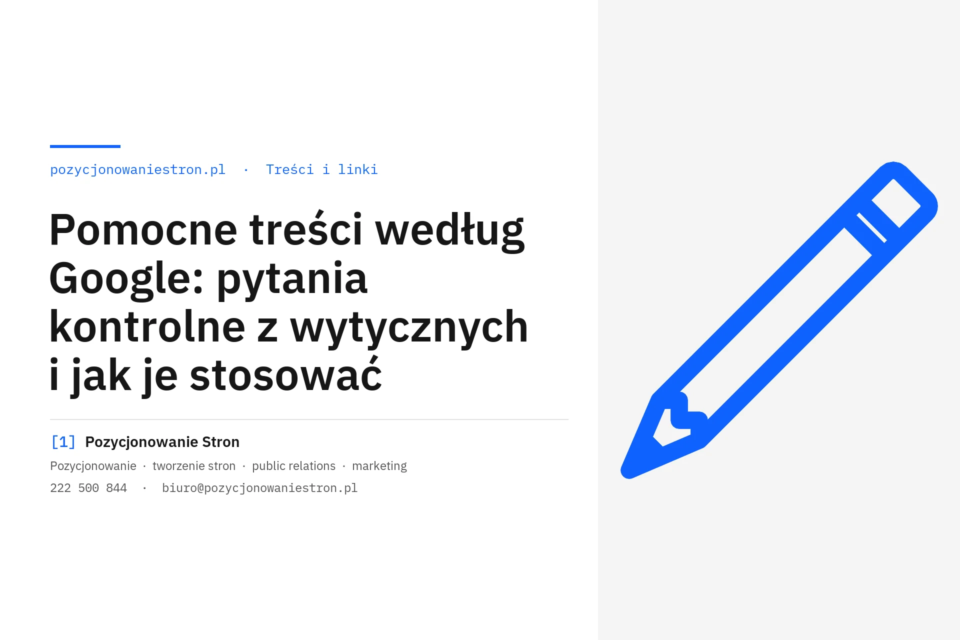 Pomocne treści według Google i pytania kontrolne z wytycznych - okładka wpisu na blogu Pozycjonowanie Stron