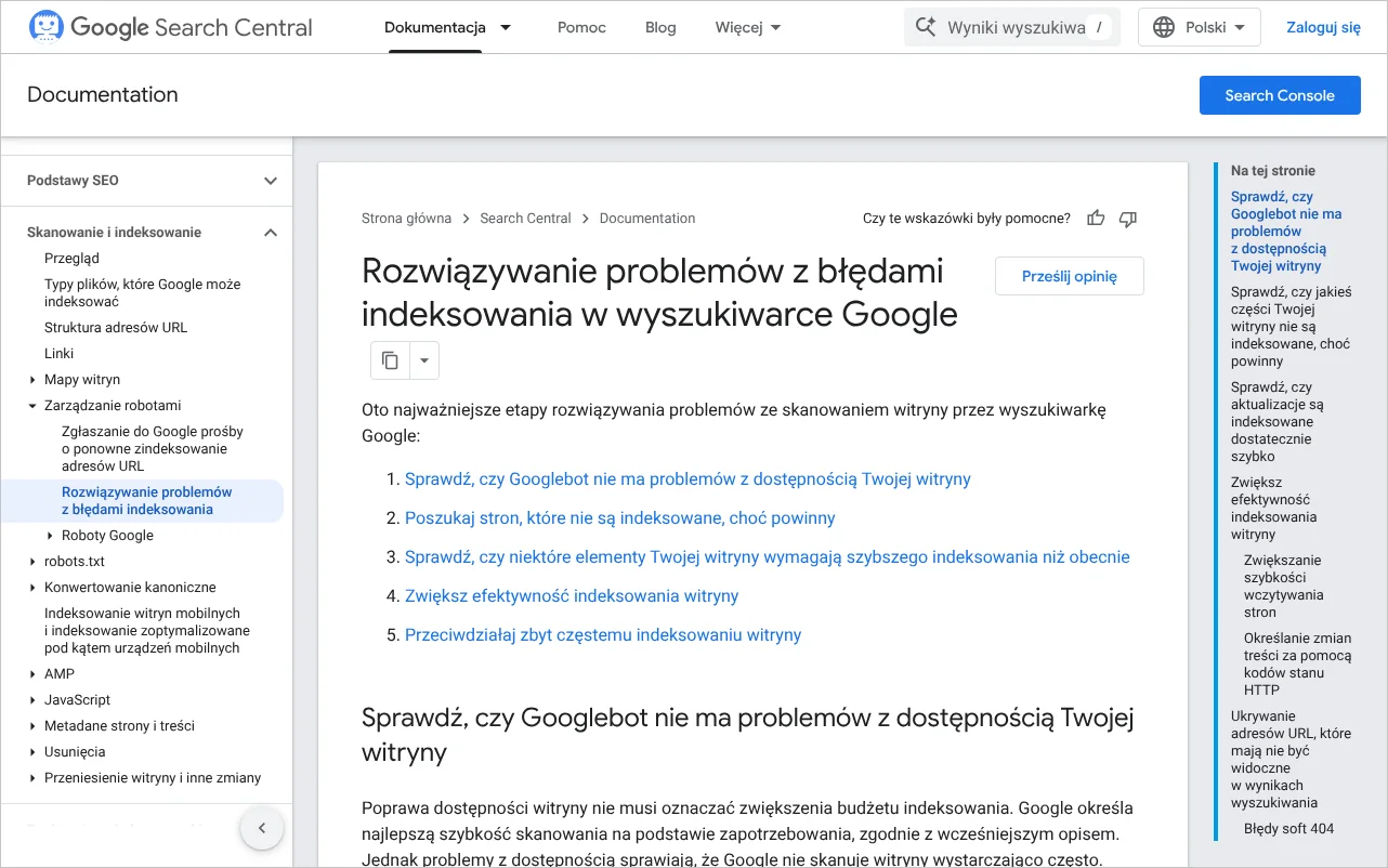 Strona dokumentacji Google o rozwiązywaniu problemów z błędami indeksowania, na której opisano pozorny błąd 404