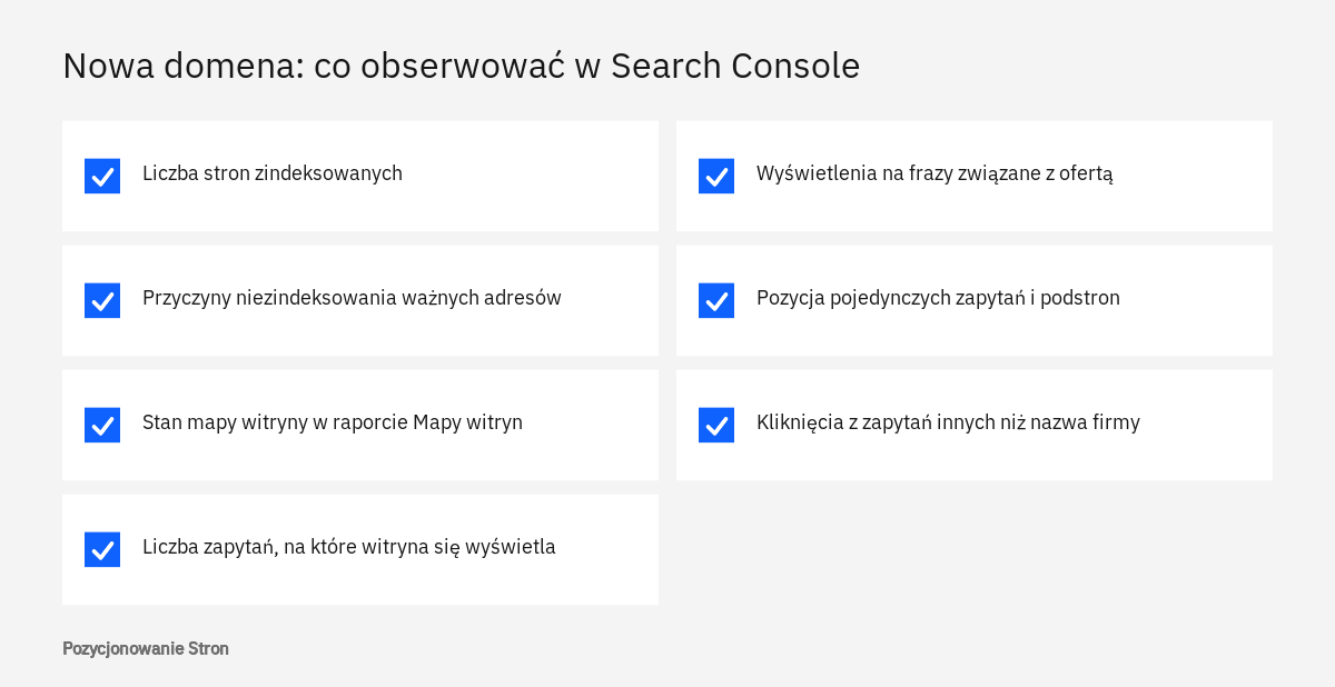 Lista wskaźników Search Console, po których widać postęp w pozycjonowaniu nowej domeny w pierwszych miesiącach