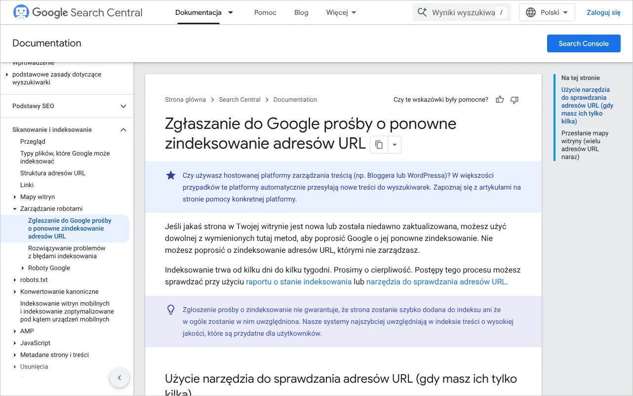 Strona dokumentacji Google o zgłaszaniu adresów URL do zindeksowania, z opisem narzędzia do sprawdzania adresów i mapy witryny