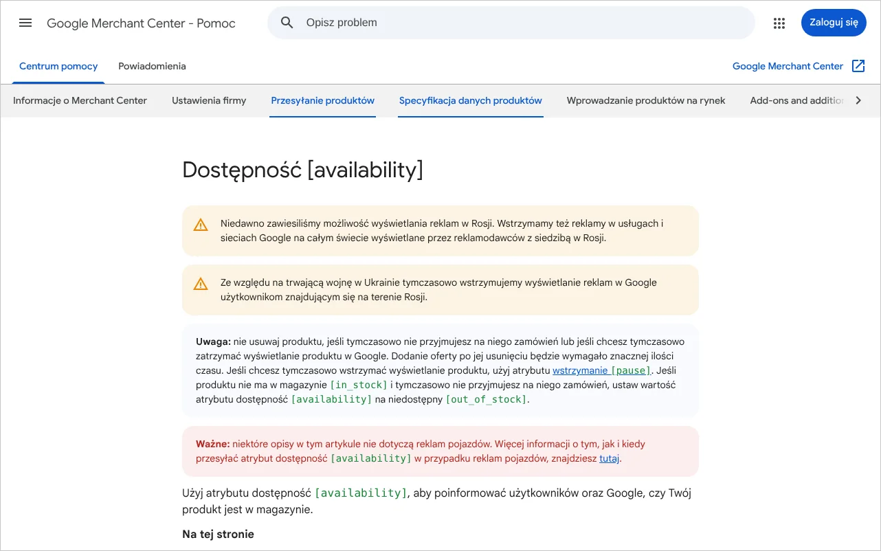 Strona pomocy Google Merchant Center opisująca atrybut dostępność i jego wartości dla produktów w pliku produktowym