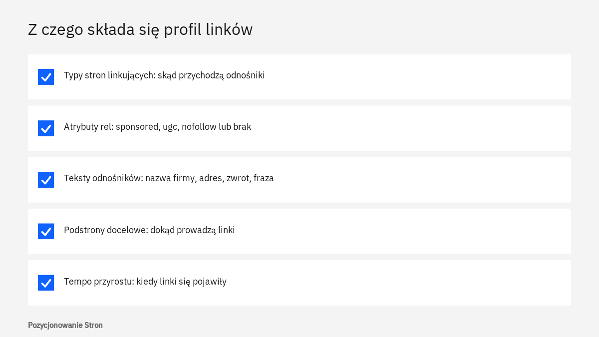 Lista pięciu warstw, z których składa się profil linków: typy stron, atrybuty, teksty odnośników, podstrony docelowe i tempo