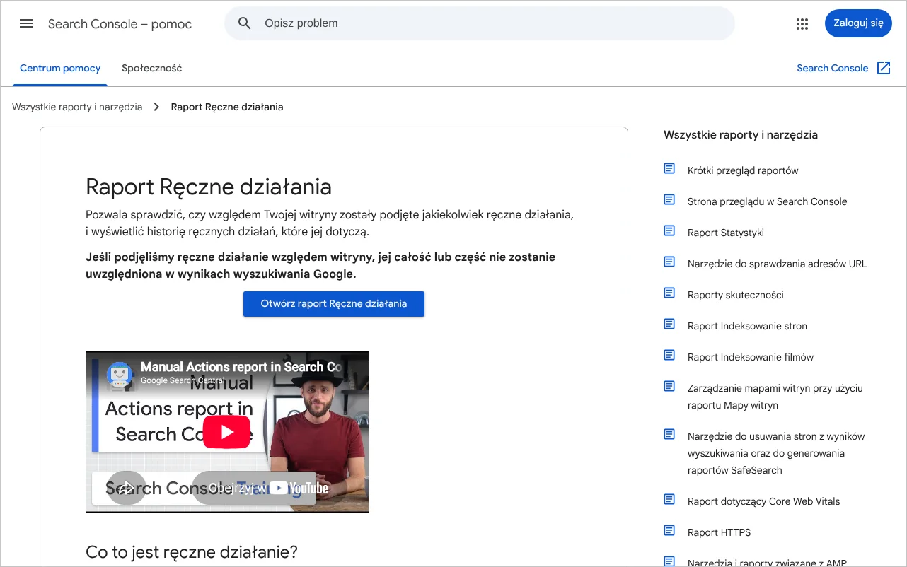 Strona pomocy Search Console o raporcie Ręczne działania z opisem prośby o ponowne rozpatrzenie i zaleceń naprawczych