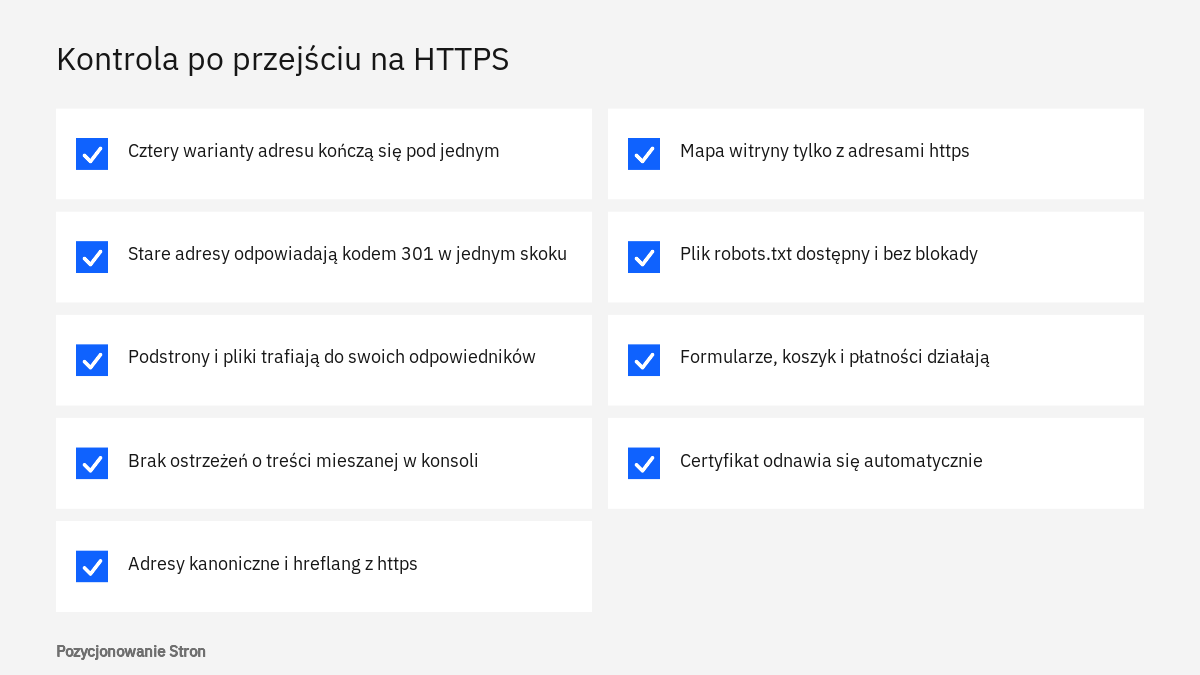 Lista kontrolna po przejściu z HTTP na HTTPS: przekierowania, treść mieszana, canonical, mapa witryny, certyfikat