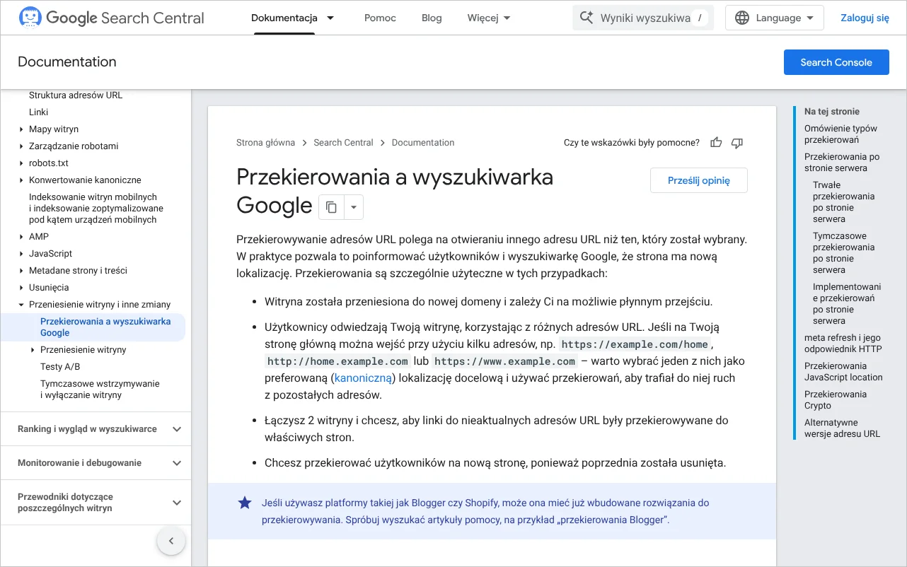 Strona dokumentacji Google Search Central o przekierowaniach z podziałem na przekierowania trwałe i tymczasowe
