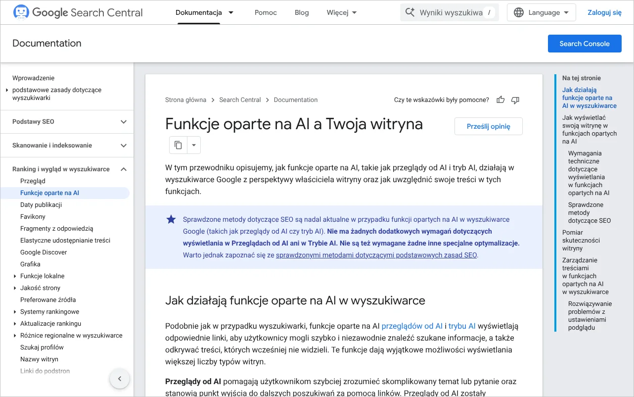 Strona dokumentacji Google o funkcjach opartych na AI, opisująca warunki pojawienia się witryny w Przeglądach od AI