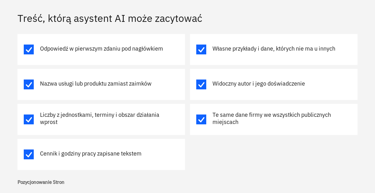 Lista kontrolna budowy treści pod RAG i grounding: odpowiedź na początku, konkret, samodzielne akapity, spójne dane