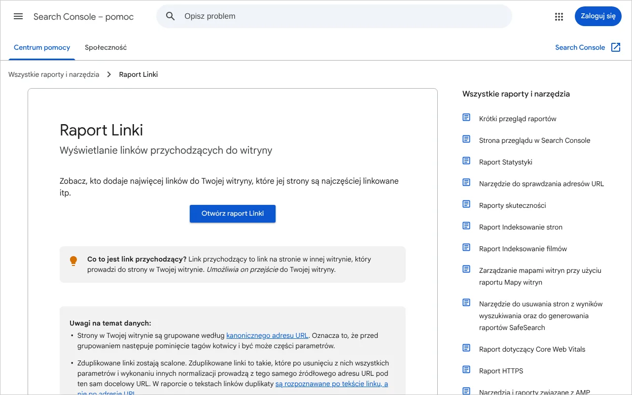 Strona pomocy Search Console opisująca raport Linki, z omówieniem tabel linków zewnętrznych i wewnętrznych