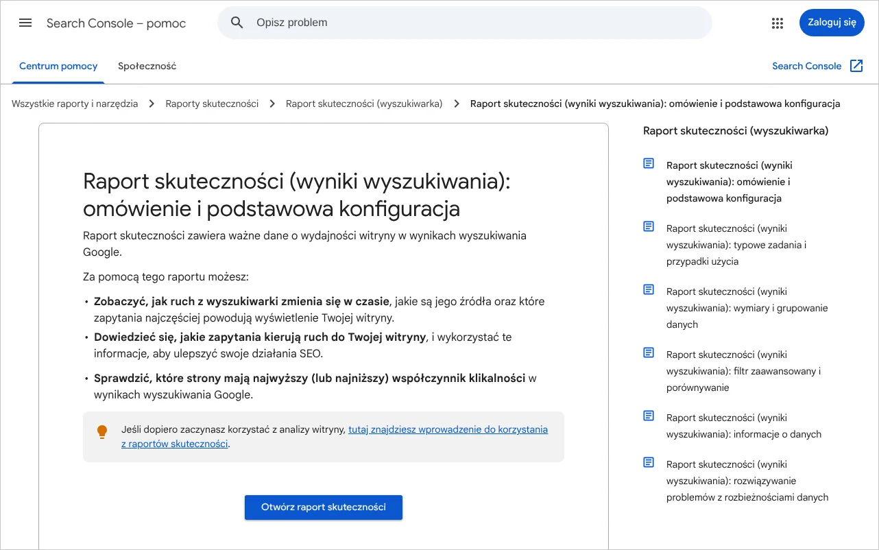 Strona pomocy Search Console z omówieniem raportu skuteczności i jego podstawowej konfiguracji